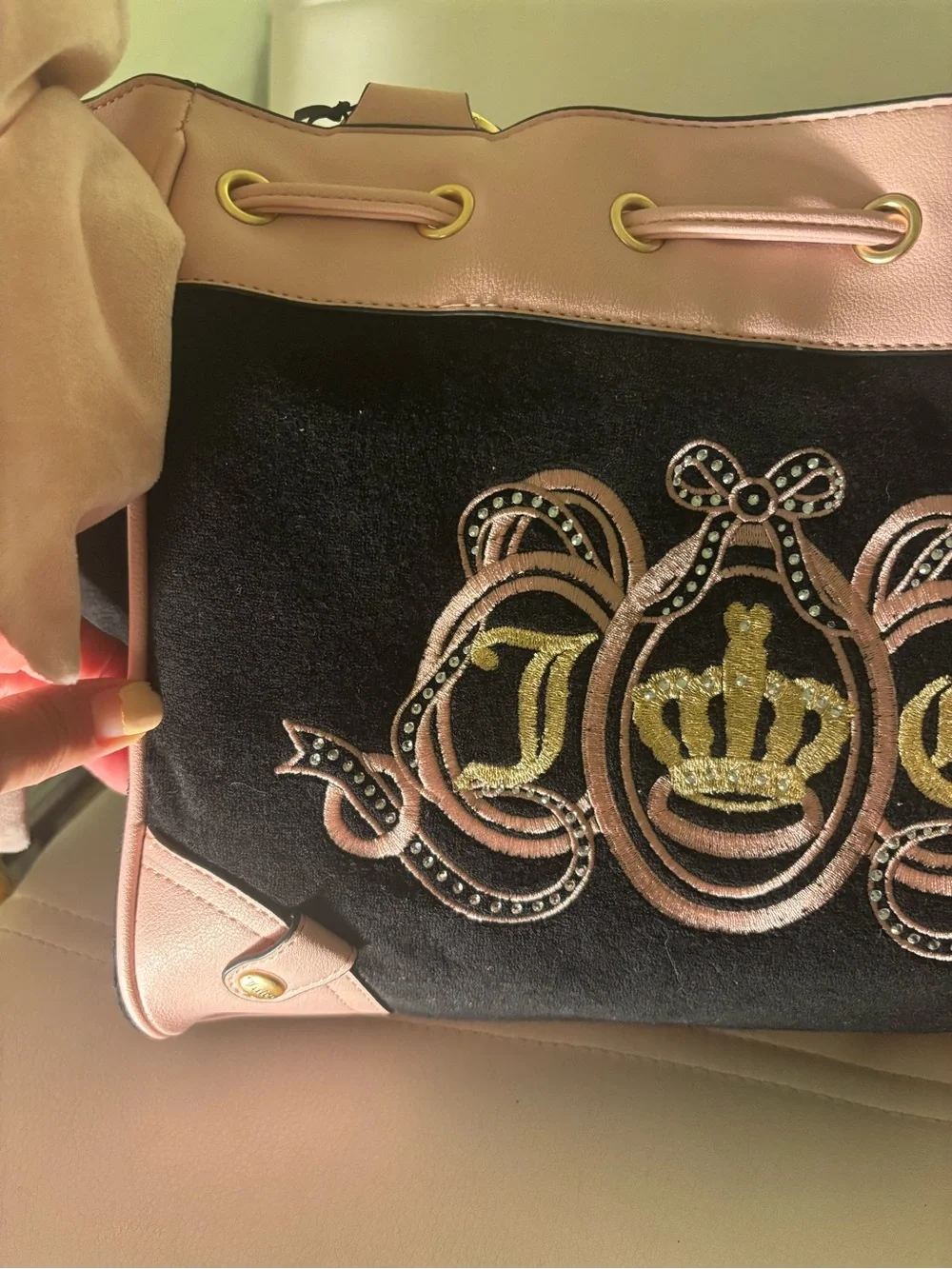 NWT Juicy Couture Pink and Black Terry Tote Crest Embroidery bag charm bag tag